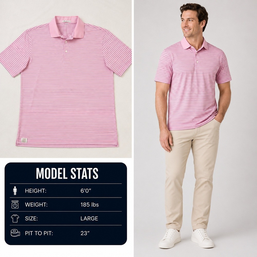 Peter Millar Mens Large Pink Navy Striped Cotton Short Sleeve Polo Shirt 971